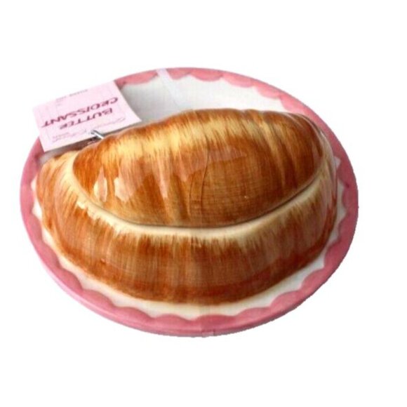 Realistic Butter Croissant Scented Candle on Pink Plate Novelty Food-Themed Gift - Picture 2 of 2